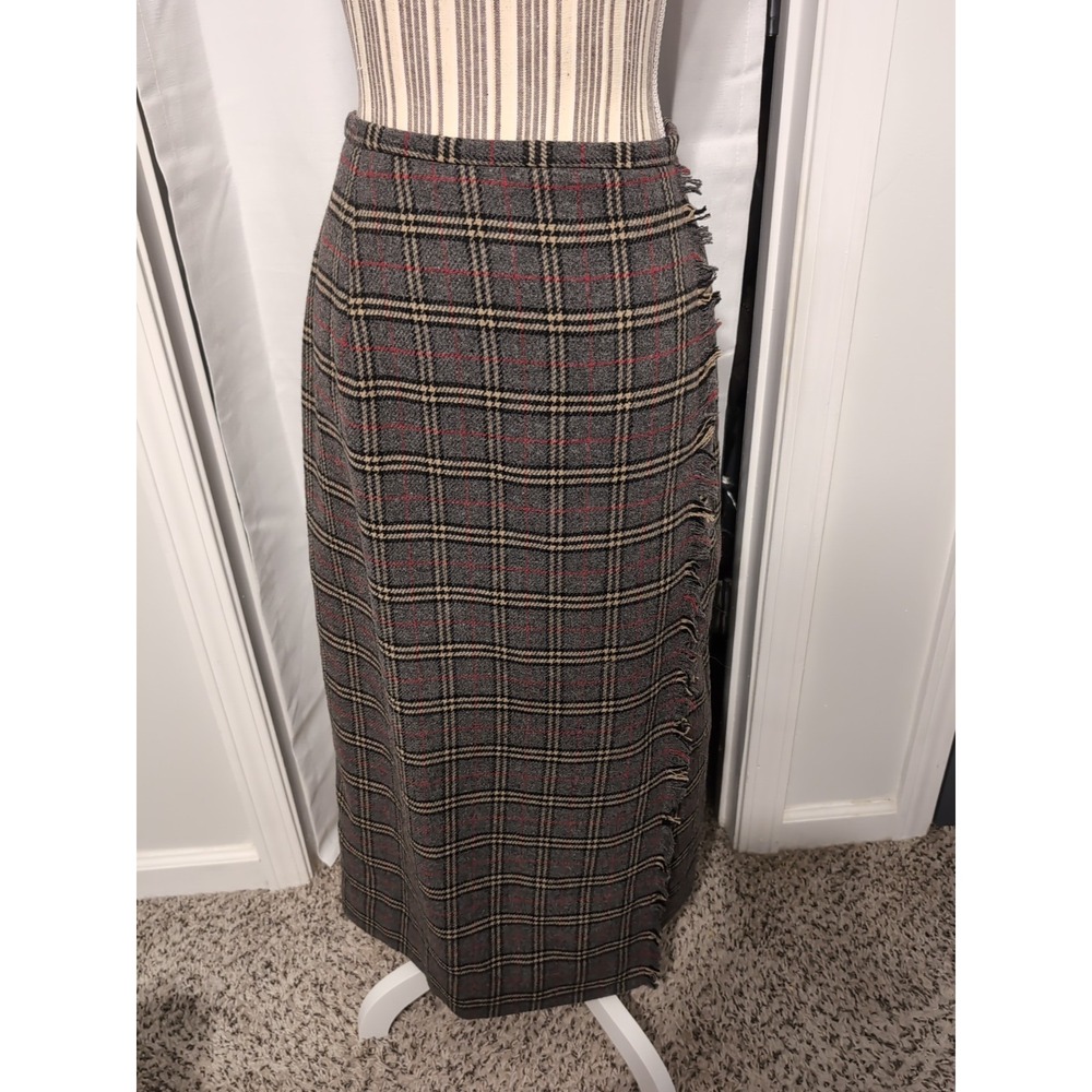 NWOT Chandler Hill 90's Plaid Wool Blend Pencil Skirt Fringe Size 14